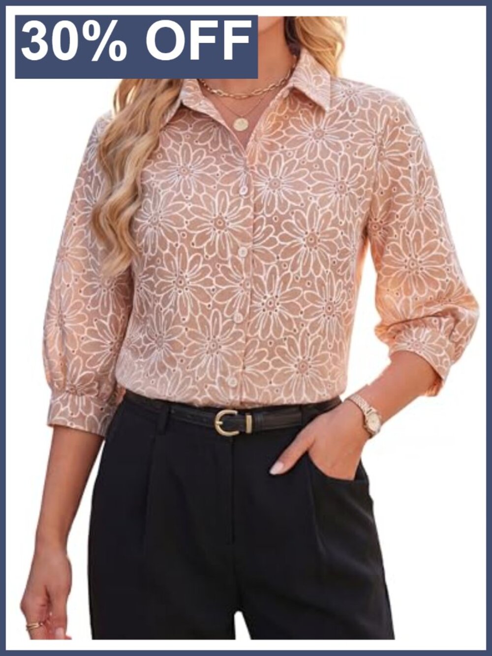 Womens Floral Button Down Blouse 3/4 Sleeve Business Casual Top
